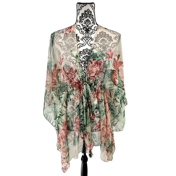 BCBGeneration Tops - BCBGeneration Sheer Tropical Floral Kimono Wrap Cover-Up Boho Resort Tassel Tie